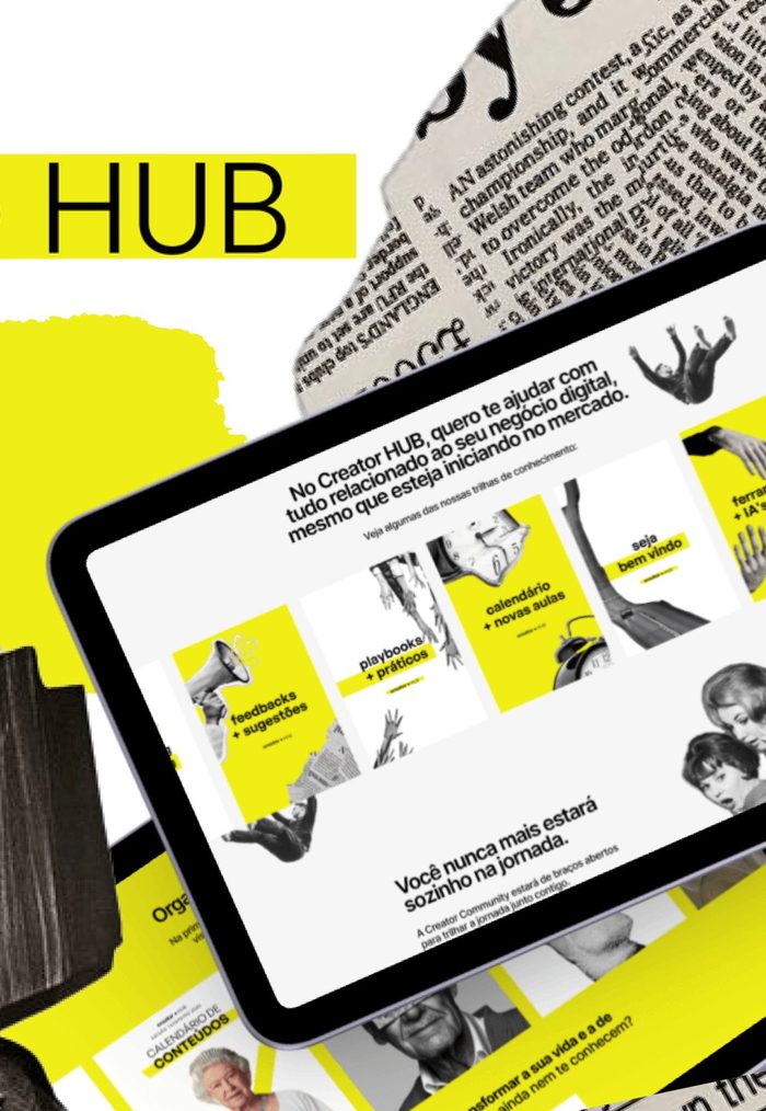 Creator HUB: collage-driven identity with newspaper textures