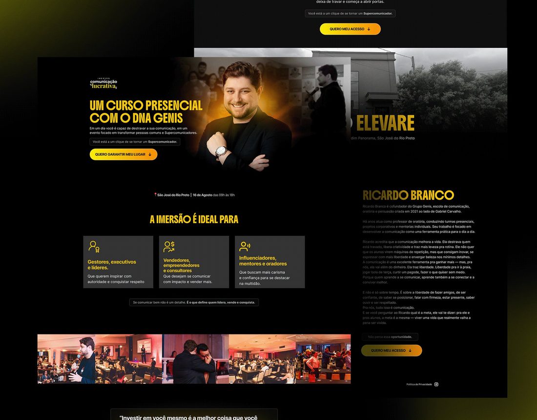 Escola Genis in-person immersion: dark editorial layout
