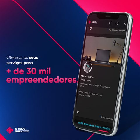 O Novo Mercado subscription ad: phone UI, 30,000+ entrepreneurs