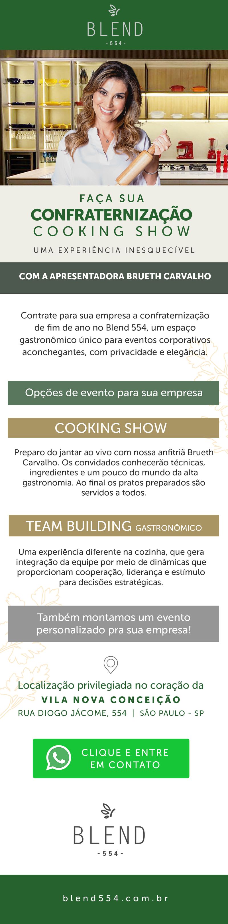 Blend 554 email: corporate year-end cooking show, event formats, location and contact button