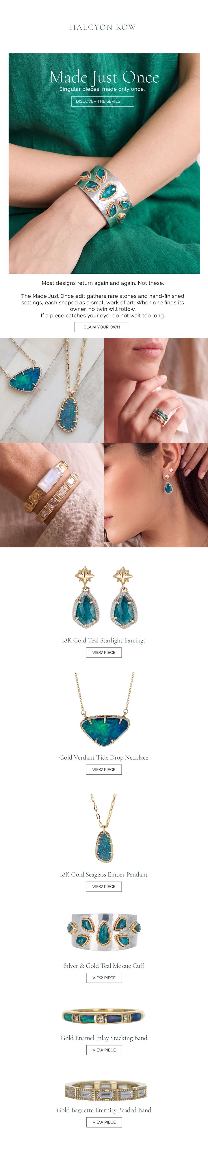 Halcyon Row email: one-of-a-kind jewelry pieces with editorial photo grid