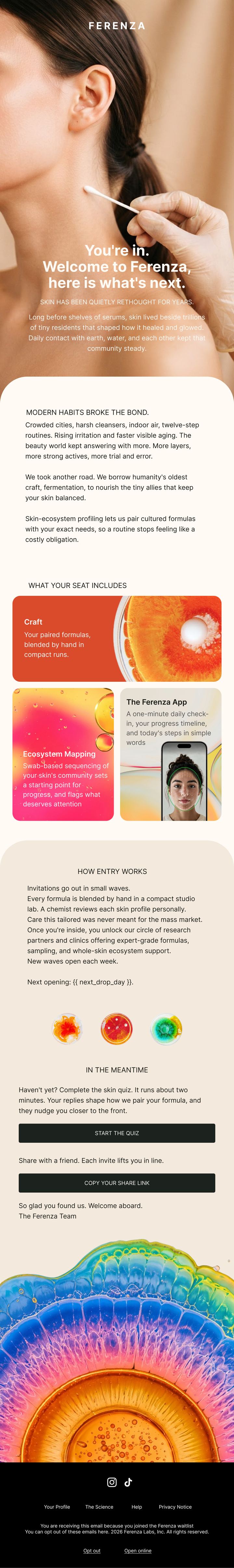 Ferenza welcome email: waitlist story, bento feature cards and quiz call to action