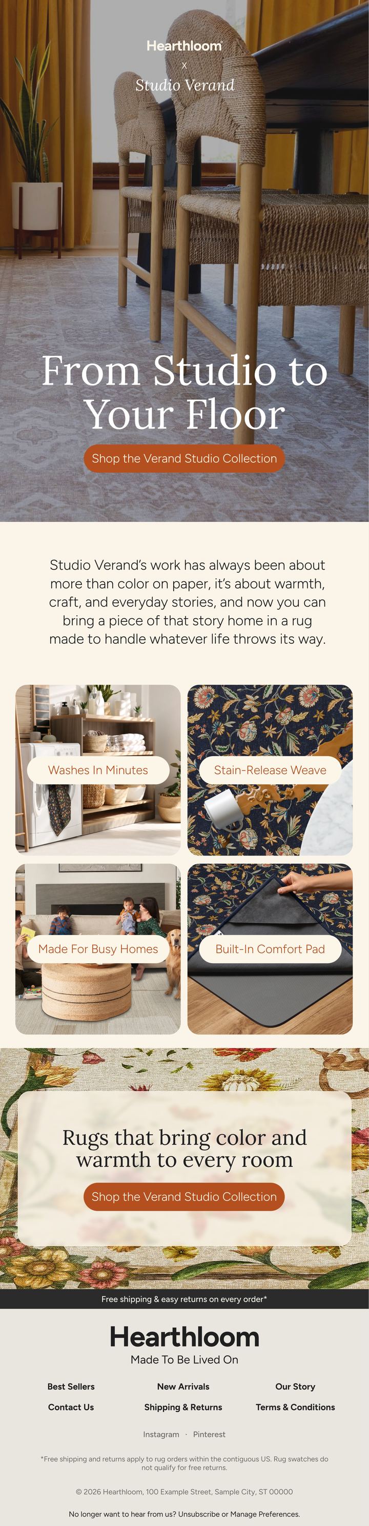 Hearthloom email: washable rug collection, feature grid with photo proof